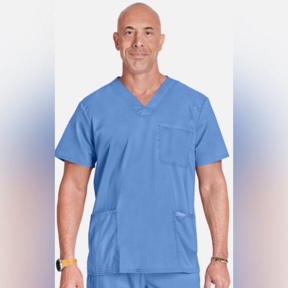 Men's Light Blue V-Neck Utility Solid Scrub Top - Picture 1 of 3